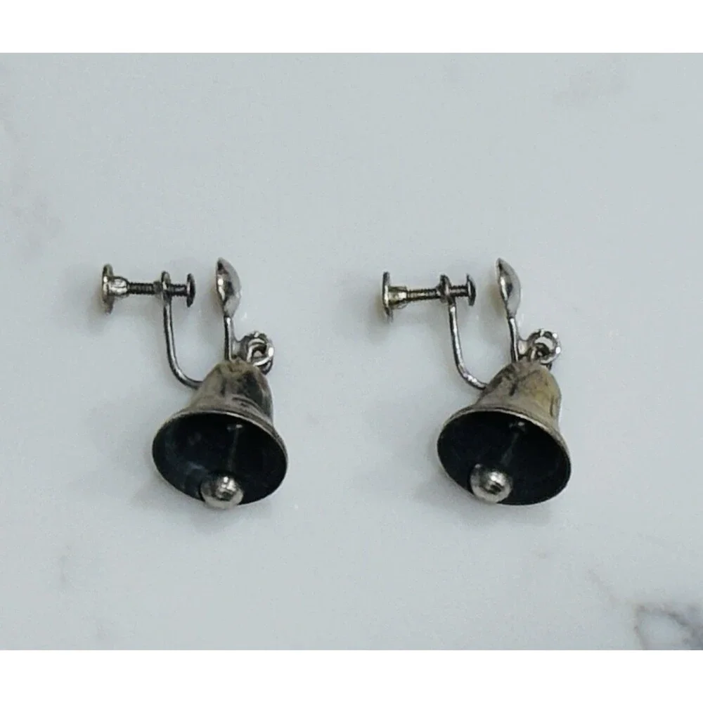 Vintage Sterling Silver Bell Earrings Dangle Screw Back Non Pierced 925 Estate